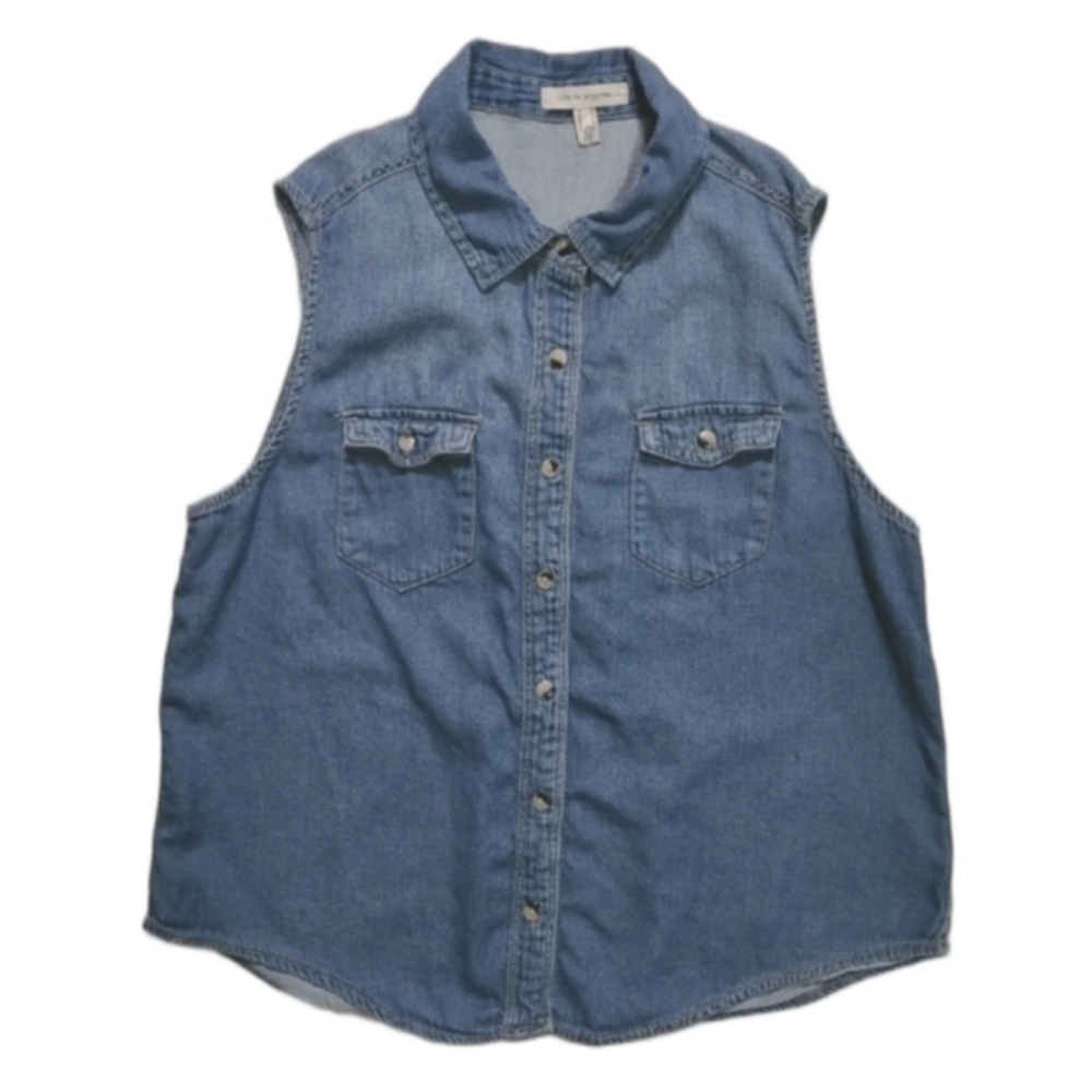 LIFE IN PROGRESS BLUE JEAN CHAMBRAY DENIM BUTTON DOWN SHIRT SLEEVELESS MEDIUM